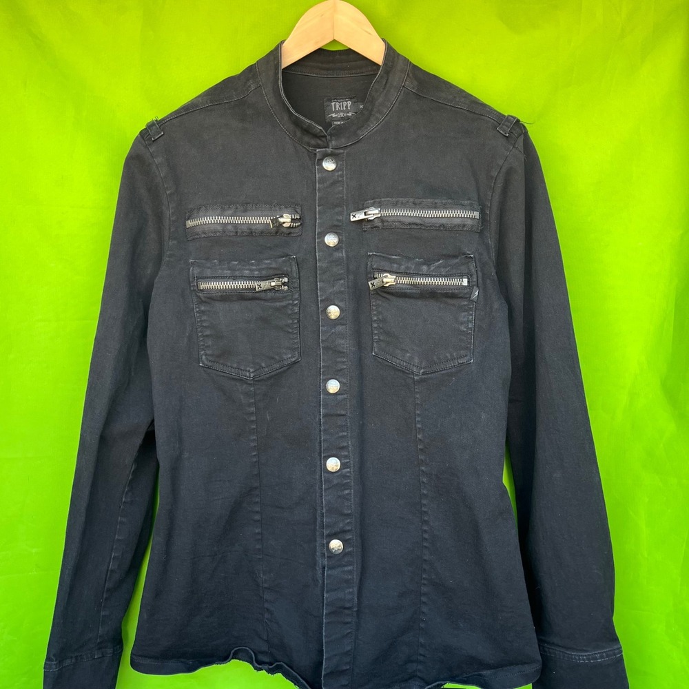 Tripp NYC Mens XL Black Denim Military Gothic Punk Jacket Mandarin Collar Zip
